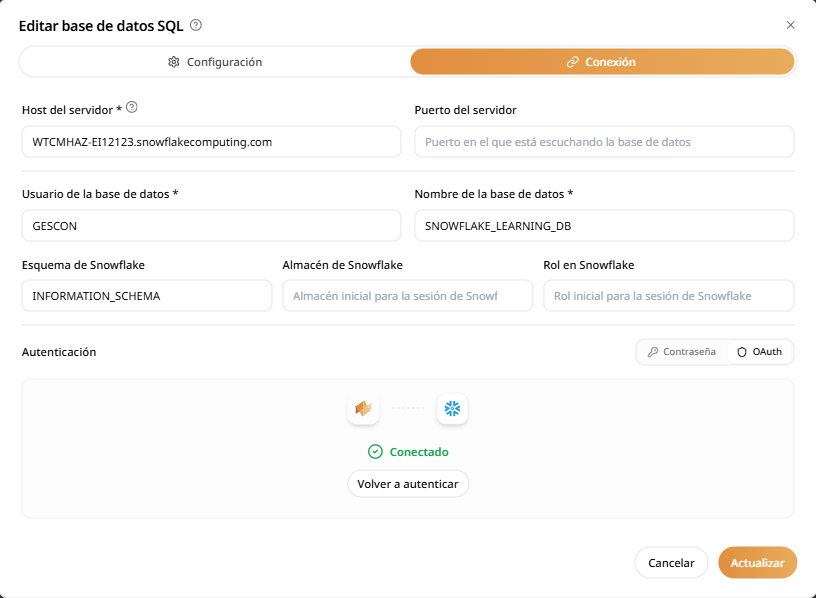 Imagen conexión exitosa Snowflake